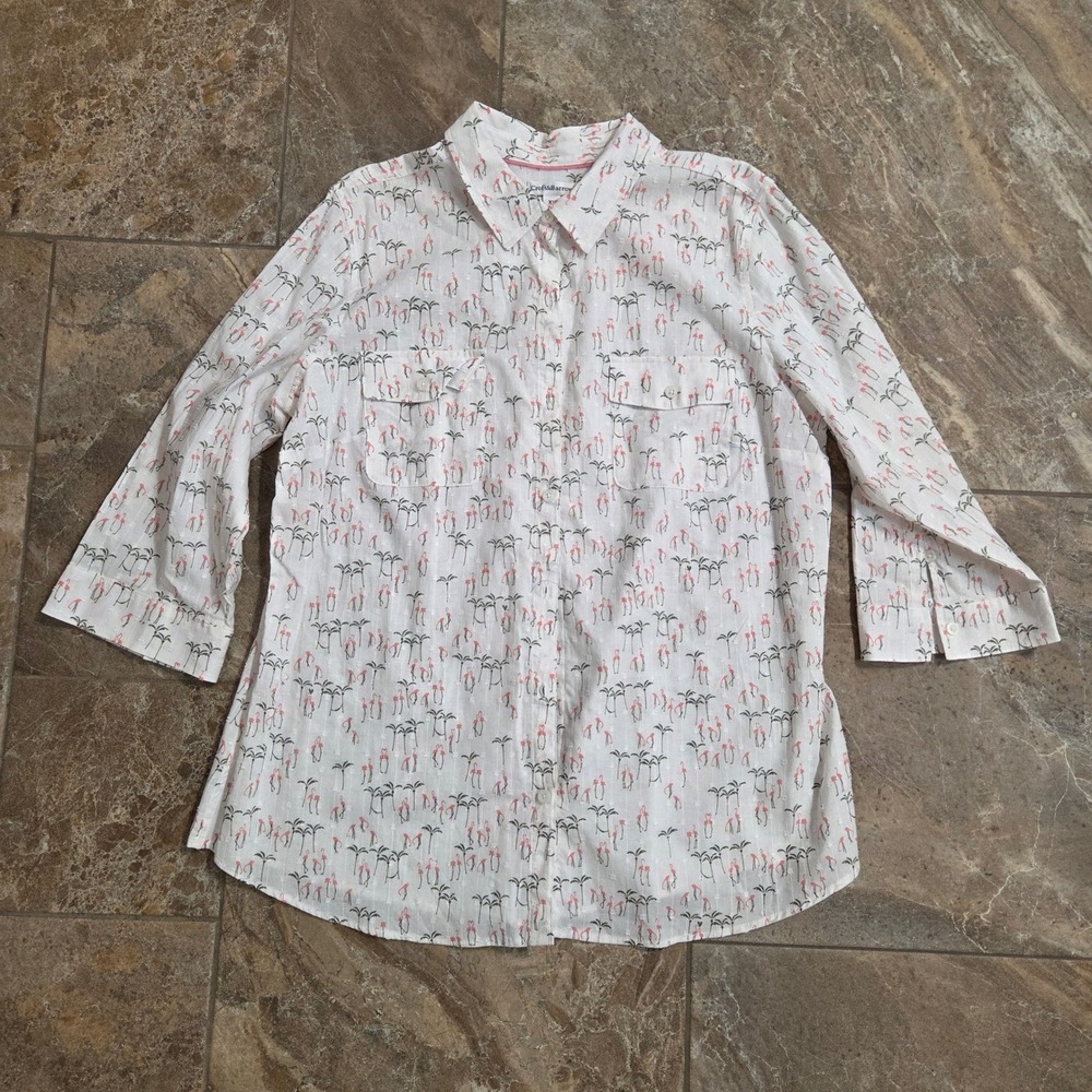 Croft & Barrow Womens XL White Flamingo Palm Tree Cotton 3/4 Sleeve Button Shirt